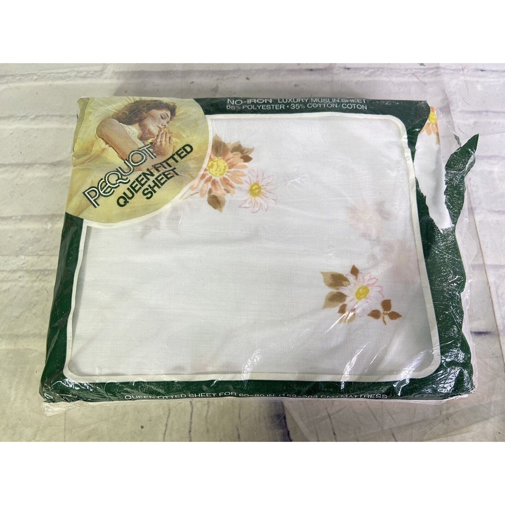 VTG Pequot Muslin Luxury Queen Fitted Sheet White Peach Pink Floral 60in x 80in